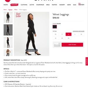 SPANX VELVET LEGGINGS Black NWOT